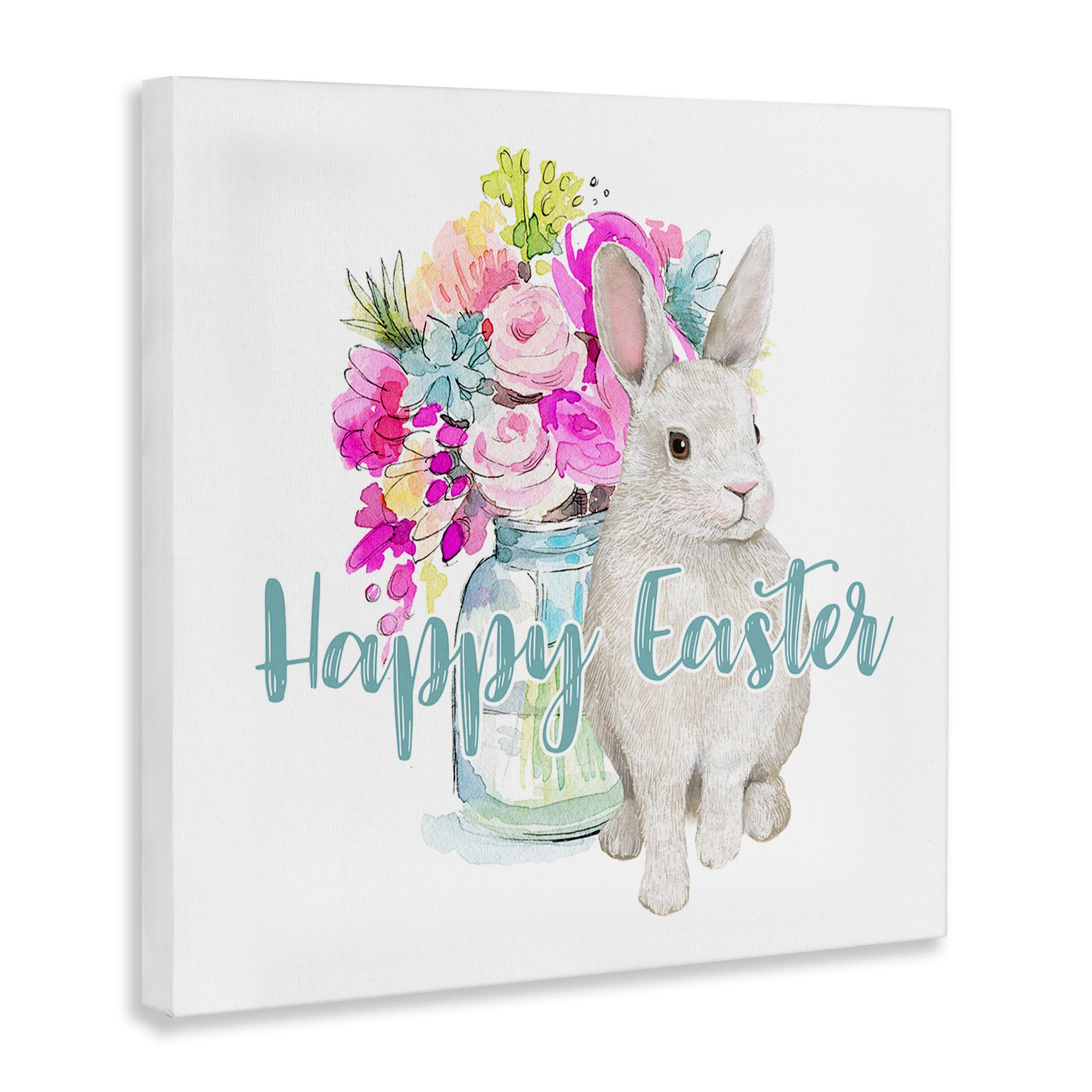 Stupell Industries Happy Easter Calligraphy Bunny Pink Flower Bouquet Canvas Wall Art